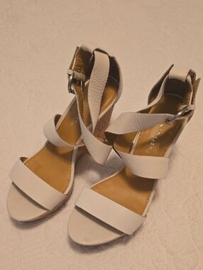 Franco Sarto White Crisscross Cork Wedge Sandals